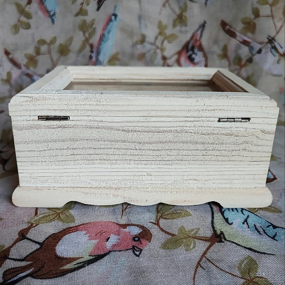 Raw Wood Unfinished Wooden Wood Jewelry Craft Stash Box Glass Lid Photograph NEW